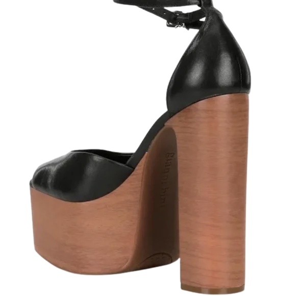 NEW Gianni Bini Fenix Leather Peep Toe Woodgrain Platform Pumps in Black - Picture 3 of 3